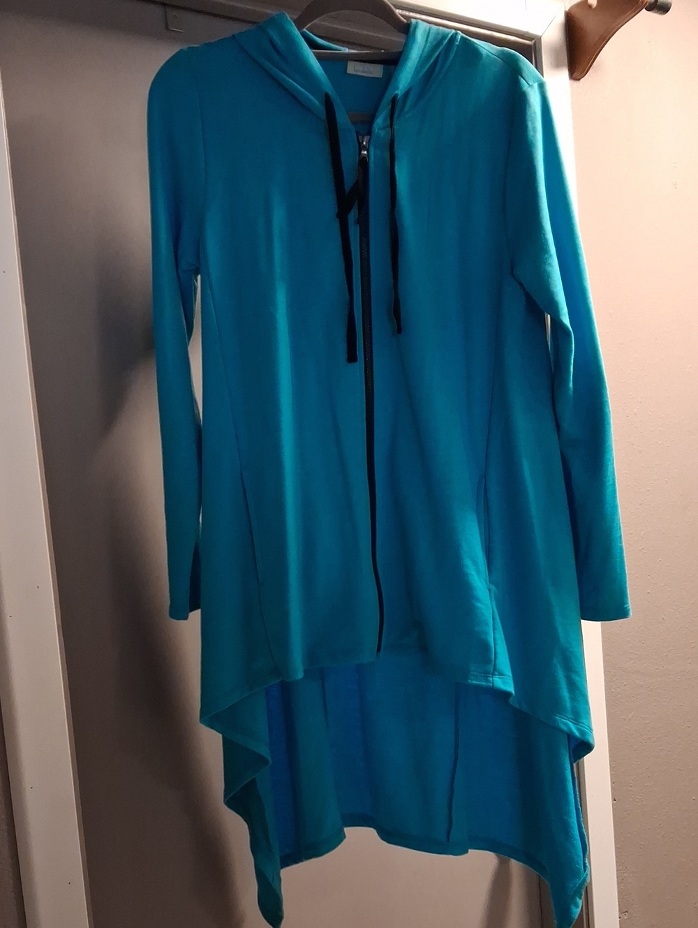 LOGO by Lori Goldstein Teal Hooded Zip-Front Longline Cardigan